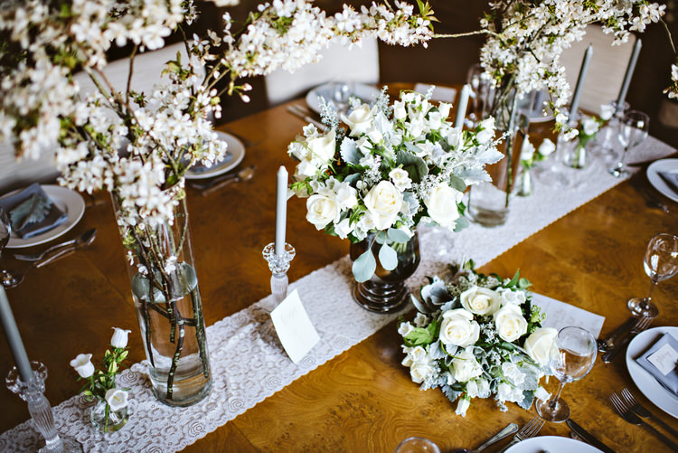 White Flowers Decor Lace Runner Beautiful Spring Blossom Country Wedding Ideas http://karenflowerphotography.com/