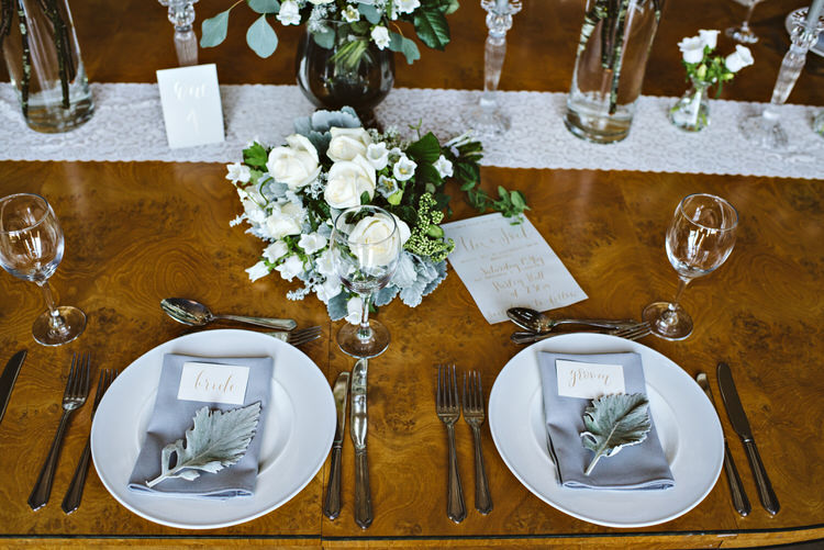 White Flowers Decor Grey Place Setting Beautiful Spring Blossom Country Wedding Ideas http://karenflowerphotography.com/
