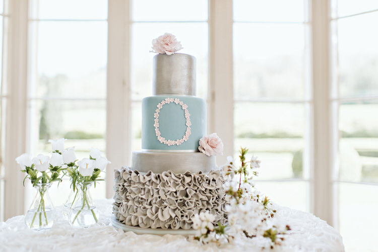 Blue Silver Ruffle Cake Beautiful Spring Blossom Country Wedding Ideas http://karenflowerphotography.com/
