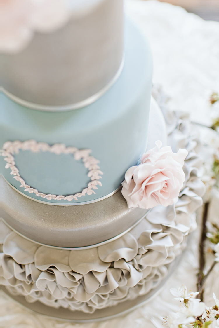 Blue Silver Ruffle Cake Beautiful Spring Blossom Country Wedding Ideas http://karenflowerphotography.com/