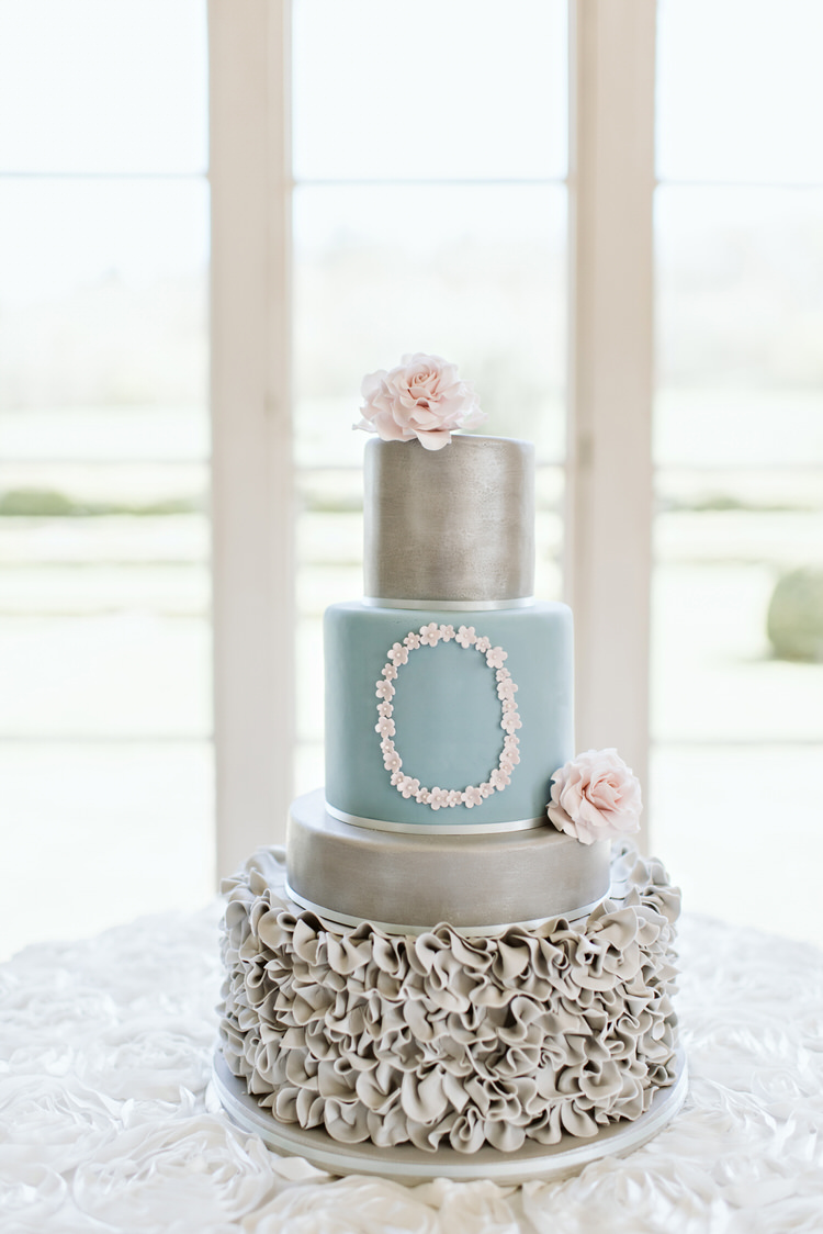 Blue Silver Ruffle Cake Beautiful Spring Blossom Country Wedding Ideas http://karenflowerphotography.com/