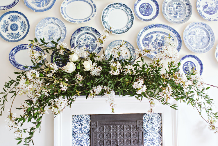 Fireplace Flower Arrangement White Beautiful Spring Blossom Country Wedding Ideas http://karenflowerphotography.com/