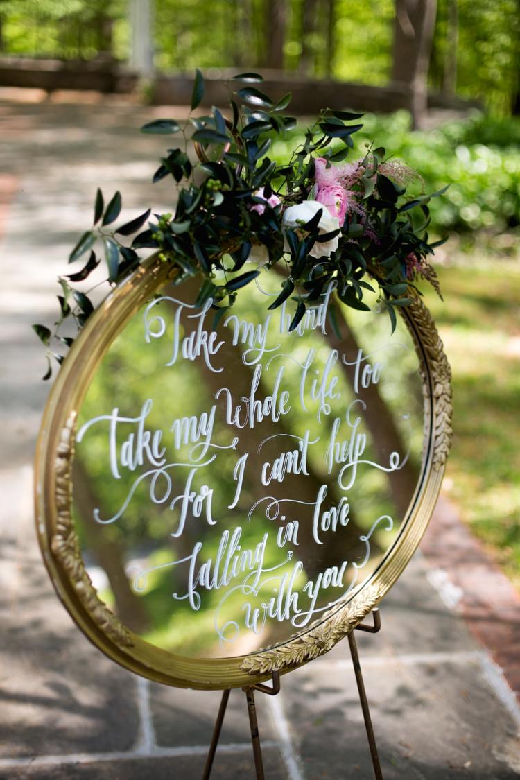 Ceremony Décor Mirror Sign Calligraphy Flowers Pink Cream Peonies Tea Roses Eucalyptus Greenery Romantic Vintage Wedding Ideas http://katymurrayphotography.com/