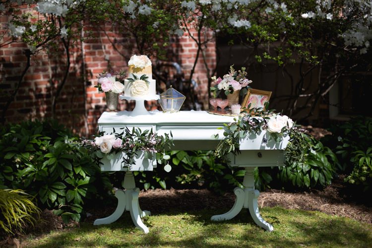 Dessert Table Wedding Cake Gold Cream Flowers Roses Leaves Florals Table Outdoors Romantic Vintage Wedding Ideas http://katymurrayphotography.com/