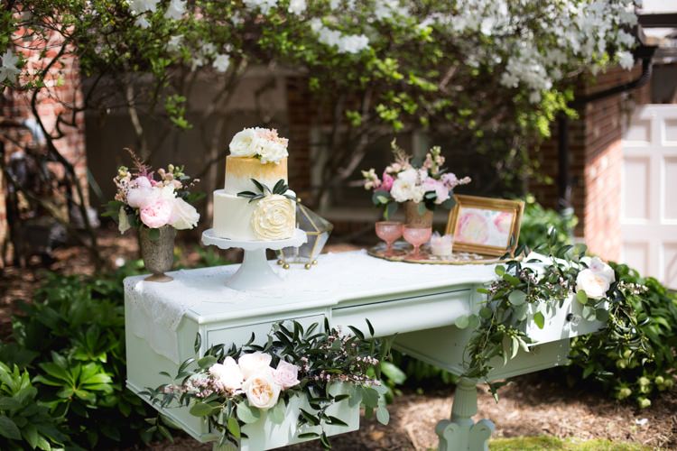 Dessert Table Wedding Cake Gold Cream Flowers Roses Leaves Table Pink Florals Outdoors Romantic Vintage Wedding Ideas http://katymurrayphotography.com/