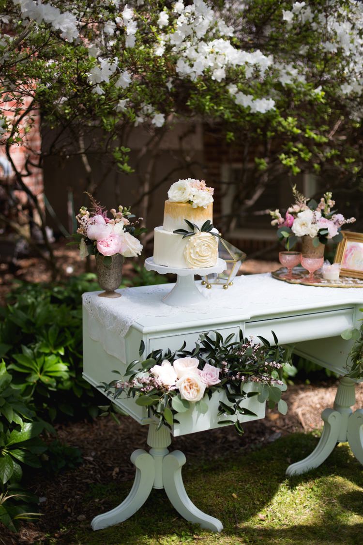 Dessert Table Wedding Cake Gold Cream Flowers Roses Leaves Table Pink Florals Outdoors Romantic Vintage Wedding Ideas http://katymurrayphotography.com/