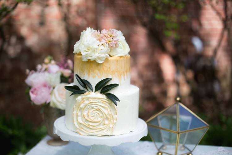 Wedding Cake Gold Cream Flowers Roses Leaves Pink Florals Pentagon Outdoors Romantic Vintage Wedding Ideas http://katymurrayphotography.com/