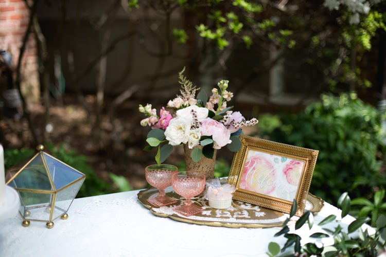 Dessert Table Gold Pink White Flowers Roses Peonies Tray Welcome Sign Watercolour Blush Glasses Outdoors Romantic Vintage Wedding Ideas http://katymurrayphotography.com/