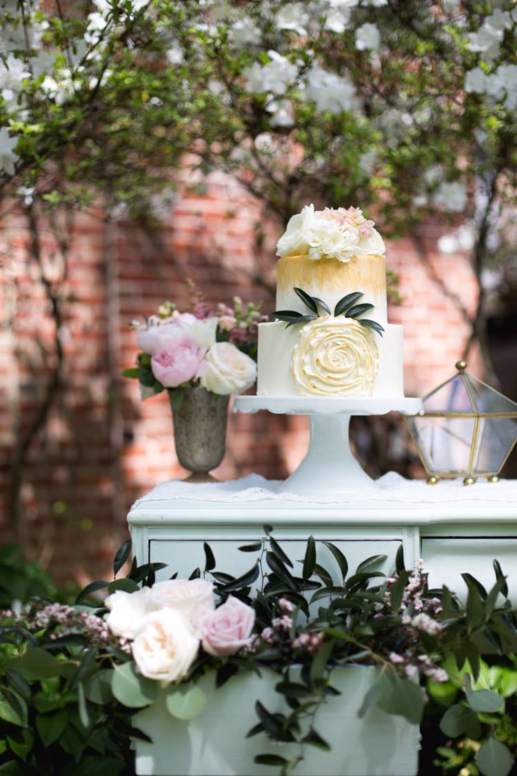 Dessert Table Wedding Cake Gold Cream Flowers Roses Leaves Table Pink Florals Outdoors Romantic Vintage Wedding Ideas http://katymurrayphotography.com/