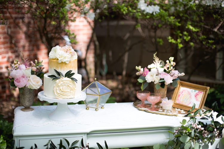 Dessert Table Wedding Cake Gold Pink White Flowers Roses Peonies Tray Welcome Sign Watercolour Blush Glasses Outdoors Romantic Vintage Wedding Ideas http://katymurrayphotography.com/