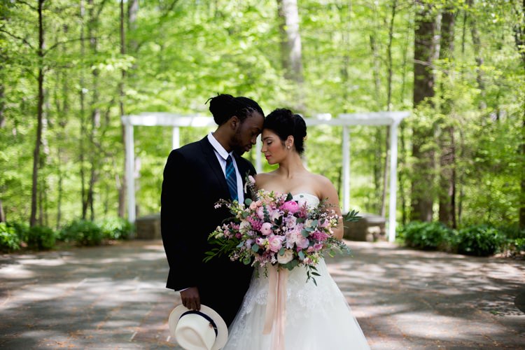 Groom Suit Blue Striped Tie White Fedora Bride Strapless Lace Tulle Gown Pink Green Bouquet Peonies Tea Roses Eucalyptus Florals Outdoors Romantic Vintage Wedding Ideas http://katymurrayphotography.com/