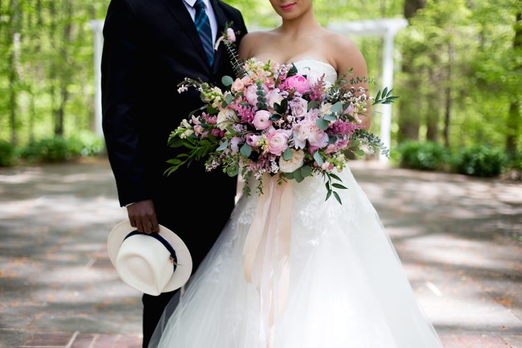 Groom Suit Blue Striped Tie White Fedora Bride Strapless Lace Tulle Gown Pink Green Bouquet Peonies Tea Roses Eucalyptus Ribbon Florals Outdoors Romantic Vintage Wedding Ideas http://katymurrayphotography.com/