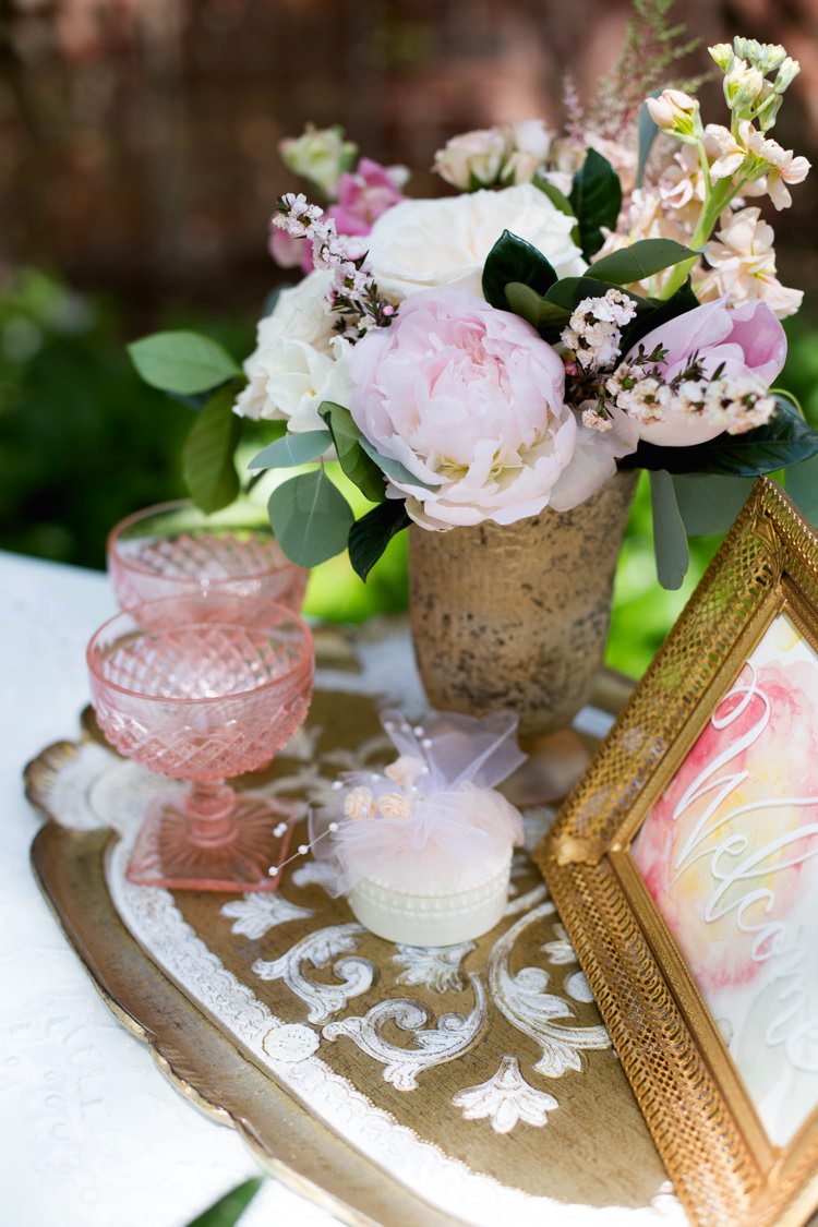 Dessert Table Gold Pink White Flowers Roses Peonies Tray Welcome Sign Watercolour Blush Glasses Outdoors Romantic Vintage Wedding Ideas http://katymurrayphotography.com/