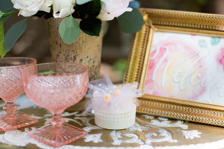 Welcome Sign Gold Frame Watercolour Pink Blush Glasses Tray Flowers Vase Romantic Vintage Wedding Ideas http://katymurrayphotography.com/