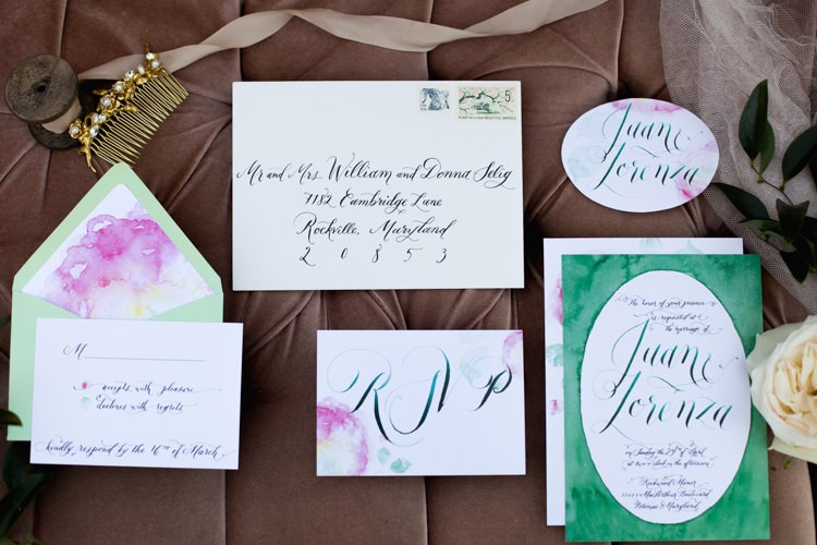 Stationery Invitation RSVP Card Name Card Calligraphy Watercolour Green Pink Bridal Accessory Gold Hair Comb Pearl Crystal Romantic Vintage Wedding Ideas http://katymurrayphotography.com/