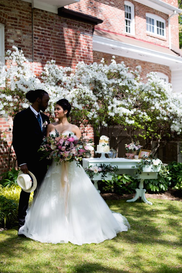 Bride Strapless Lace Tulle Gown Pink Green Bouquet Peonies Tea Roses Eucalyptus Ribbon Dessert Table Cake Azaleas Outdoors Romantic Vintage Wedding Ideas http://katymurrayphotography.com/