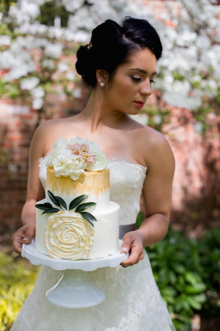 Bride Strapless Lace Tulle Gown Sage Sash Wedding Cake Cream Gold Flowers Roses Leaves French Roll Hairstyle Pearl Earrings Romantic Vintage Wedding Ideas http://katymurrayphotography.com/