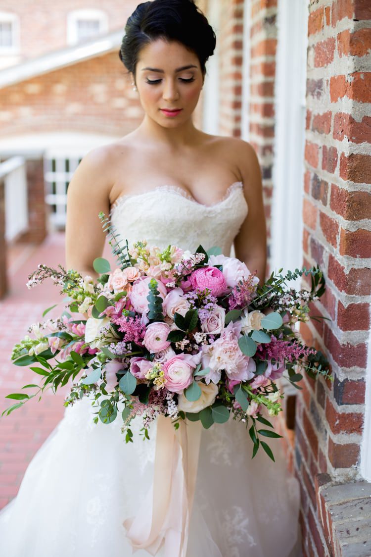 Bride Strapless Lace Tulle Gown Pink Green Bouquet Peonies Tea Roses Eucalyptus Florals Ribbon Outdoors Romantic Vintage Wedding Ideas http://katymurrayphotography.com/