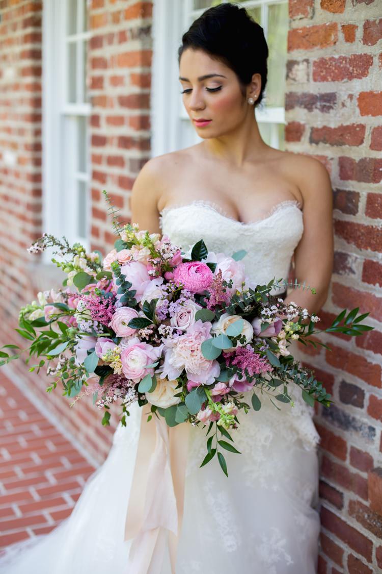 Bride Strapless Lace Tulle Gown Pink Green Bouquet Peonies Tea Roses Eucalyptus Ribbon Florals Bricks Romantic Vintage Wedding Ideas http://katymurrayphotography.com/
