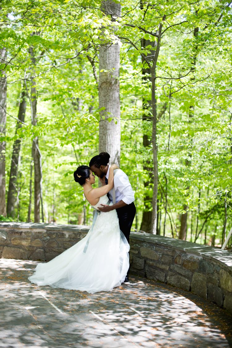 Groom Bride Strapless Lace Tulle Gown Sage Sash Gold Hair Comb Green Trees Rock Wall Outdoors Romantic Vintage Wedding Ideas http://katymurrayphotography.com/