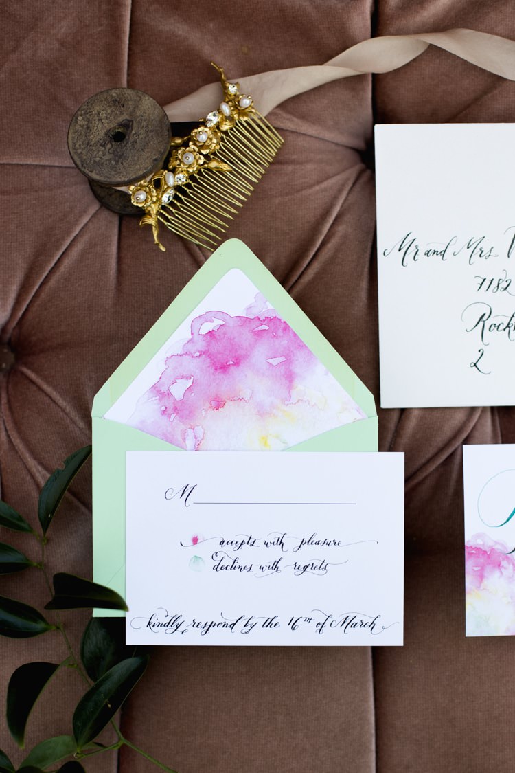 Stationery Invitation RSVP Card Calligraphy Watercolour Pink Green Gold Hair Comb Bridal Accessory Pearl Crystal Romantic Vintage Wedding Ideas http://katymurrayphotography.com/