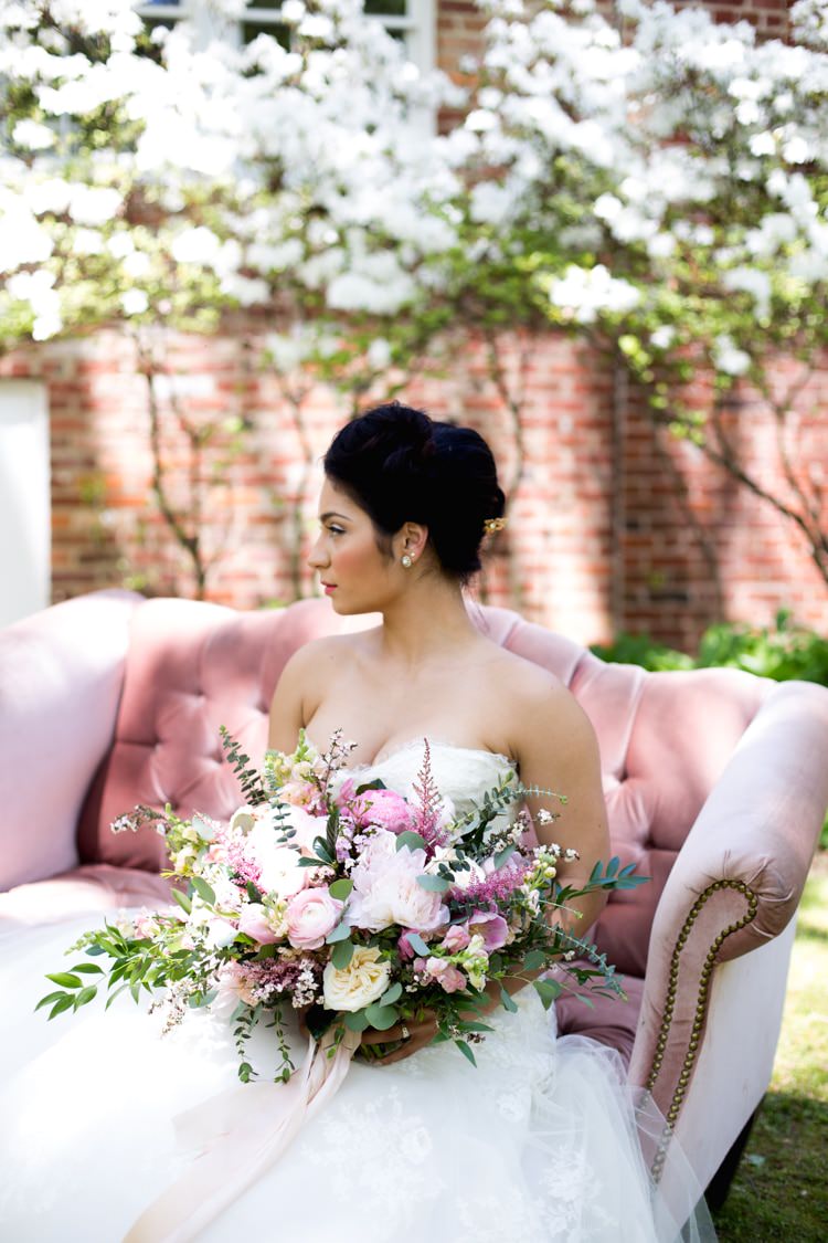 Bride Strapless Lace Tulle Gown Gold Hair Comb Pink Green Bouquet Peonies Tea Roses Eucalyptus Blush Sofa Outdoors Azaleas Romantic Vintage Wedding Ideas http://katymurrayphotography.com/