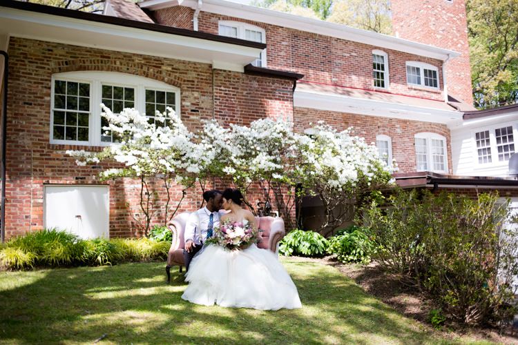 Groom Blue Check Tie Bride Strapless Lace Tulle Gown Pink Green Bouquet Florals Rockwood Manor Azaleas Blush Sofa Romantic Vintage Wedding Ideas http://katymurrayphotography.com/