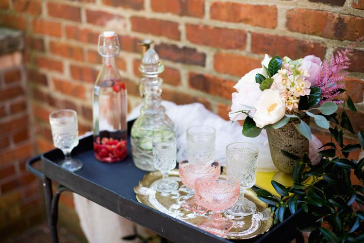 Drink Tray Retro Décor Glass Bottles Blush Glasses Tray Pink Green Florals Peonies Rose Vase Romantic Vintage Wedding Ideas http://katymurrayphotography.com/