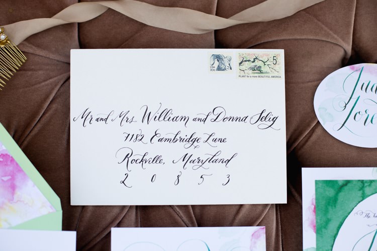 Stationery Invitation Envelope Name Card Calligraphy Watercolour Green Pink Romantic Vintage Wedding Ideas http://katymurrayphotography.com/