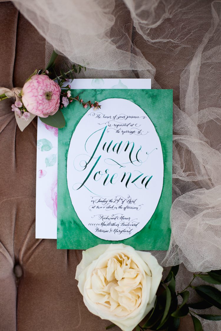 Stationery Invitation Envelope Calligraphy Watercolour Green Pink Flowers Rose Peony Romantic Vintage Wedding Ideas http://katymurrayphotography.com/