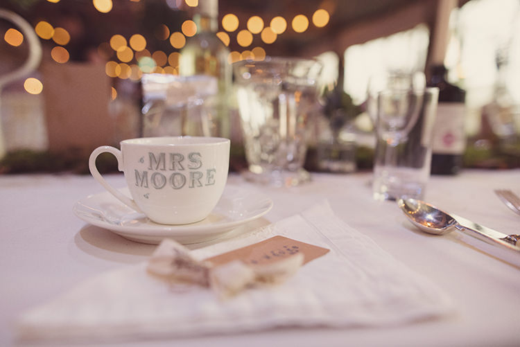 Tea Cup Place Name Setting Personalised Quirky Rustic Natural Winter Wedding http://www.rebeccadouglas.co.uk/