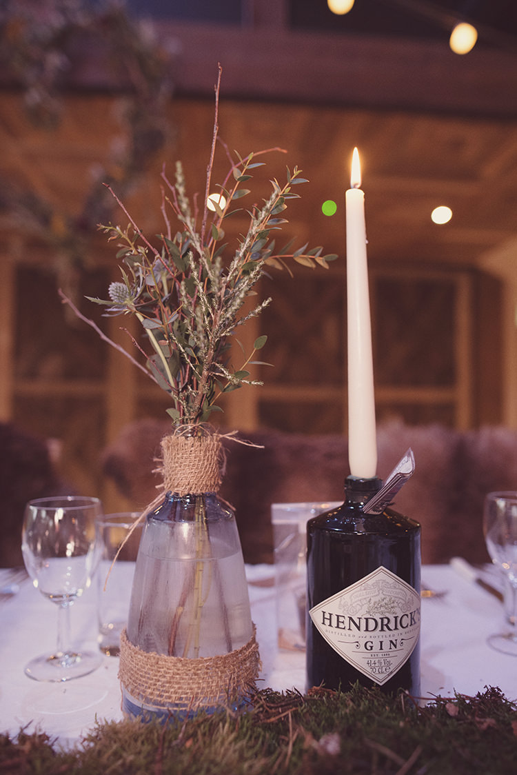 Hessian Vase Flowers Foliage Gin Bottle Candle Quirky Rustic Natural Winter Wedding http://www.rebeccadouglas.co.uk/