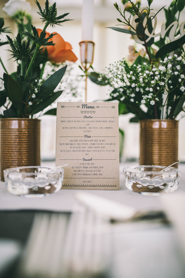 Kraft Brown Paper Stationery Menu Decor Tin Can Flowers Copper Home Made Country Festival Wedding http://www.jamespowellphotography.co.uk/