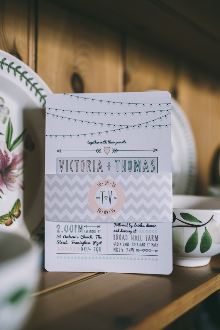 Invitations Stationery DIY Peach Mint Festoon Lights Home Made Country Festival Wedding http://www.jamespowellphotography.co.uk/