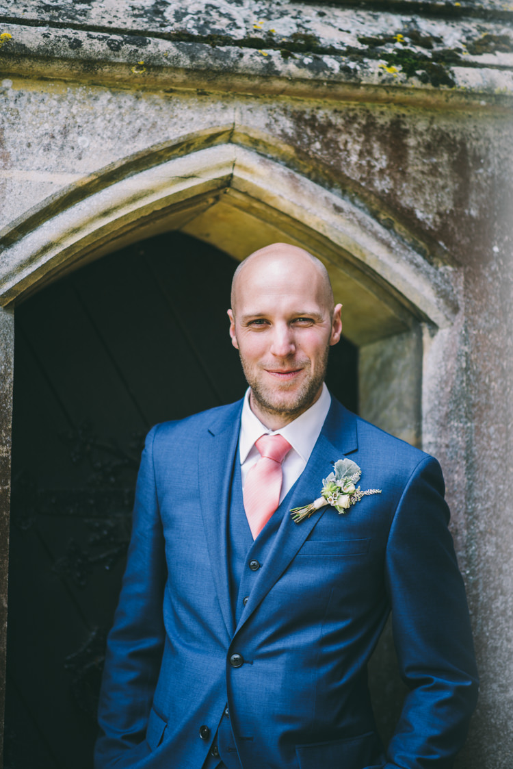 Reiss Suit Blue Groom Blush Peach Tie Home Made Country Festival Wedding http://www.jamespowellphotography.co.uk/