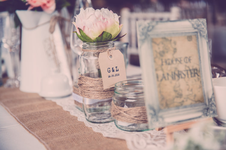 Twine Hessian Burlap Jar Flowers Luggage Tags Alternative Game of Thrones Fete Wedding http://hayleybaxterphotography.com/ 