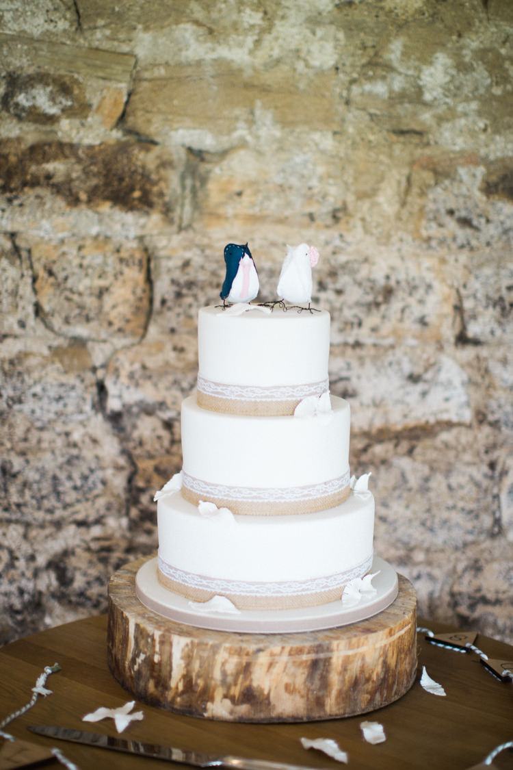 Cake Hessian Burlap Lace Log Beautiful Barn Bird Wedding http://www.melissabeattie.com/