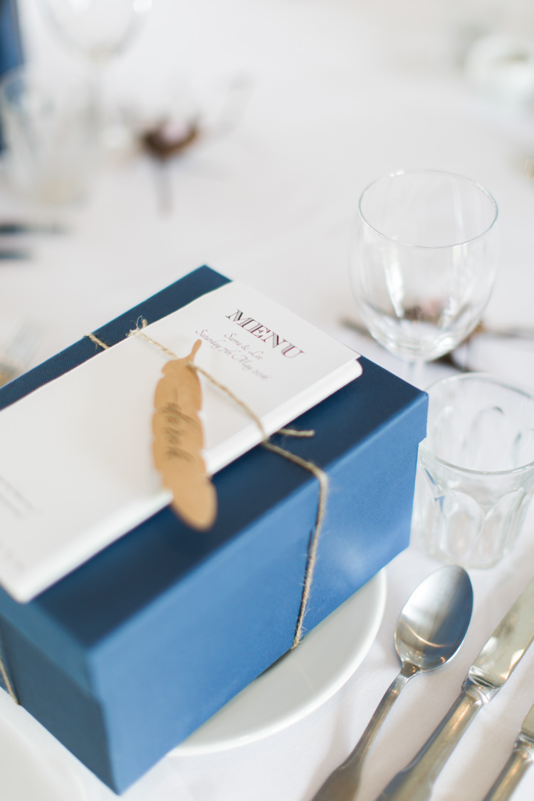 Favour Box Feather Place Name Card Beautiful Barn Bird Wedding http://www.melissabeattie.com/