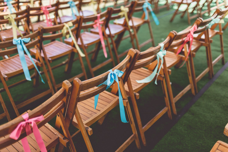 Colourful Ribbon Chairs Decor DIY Tipi Camping Wedding http://www.wearetheclarkes.com/