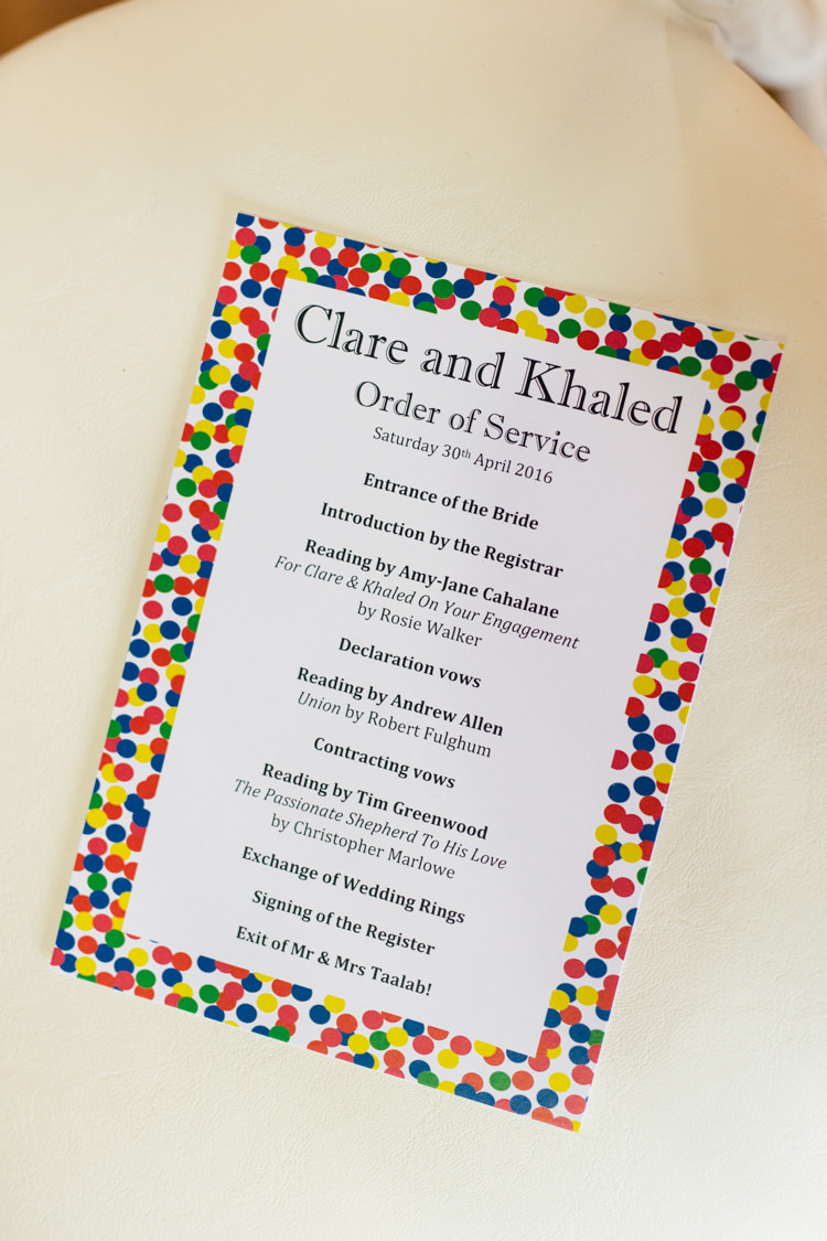 Confetti Order Service Stationery Multicoloured Fun Creative Wedding http://www.catlaneweddings.com/