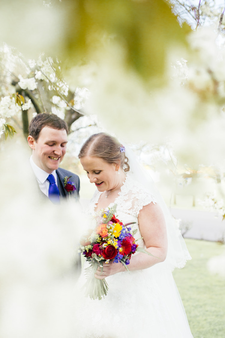 Cherry Blossom Bride Groom White Flowers Tree Multicoloured Fun Creative Wedding http://www.catlaneweddings.com/