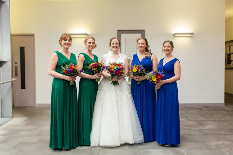 John Lewis Long Bridesmaid Dresses Jersey Emerald Sapphire Green Blue Multicoloured Fun Creative Wedding http://www.catlaneweddings.com/