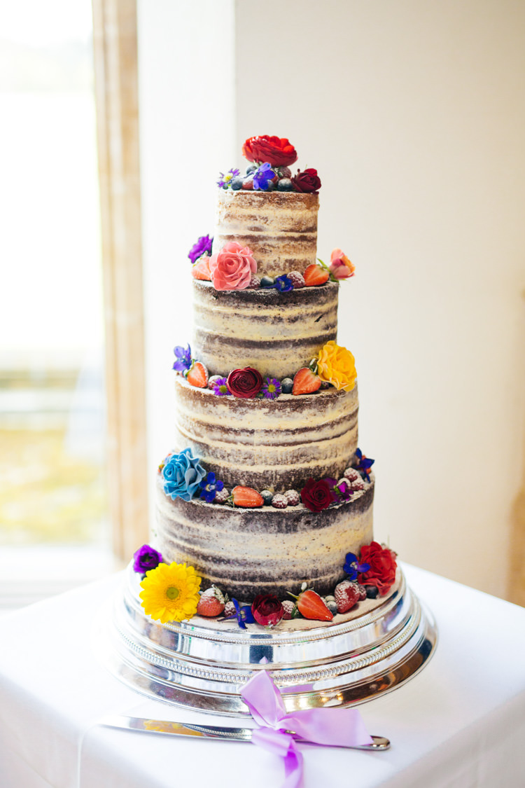 Naked Cake Layer Sponge Icing Flowers Multicoloured Fun Creative Wedding http://www.catlaneweddings.com/