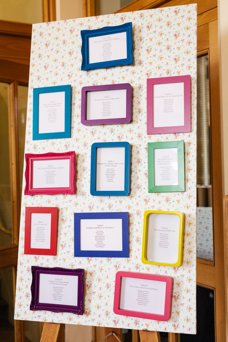 Floral Frames Seating Table Plan Chart Multicoloured Fun Creative Wedding http://www.catlaneweddings.com/