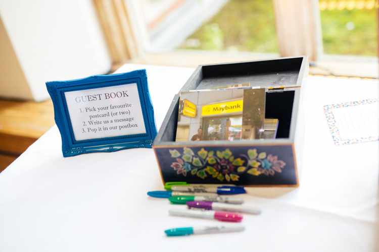 Post Card Guest Book Multicoloured Fun Creative Wedding http://www.catlaneweddings.com/