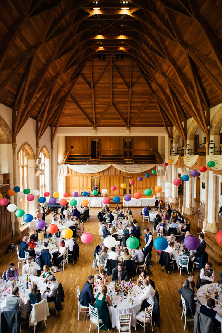 Bedford School Great Hall Reception Multicoloured Fun Creative Wedding http://www.catlaneweddings.com/
