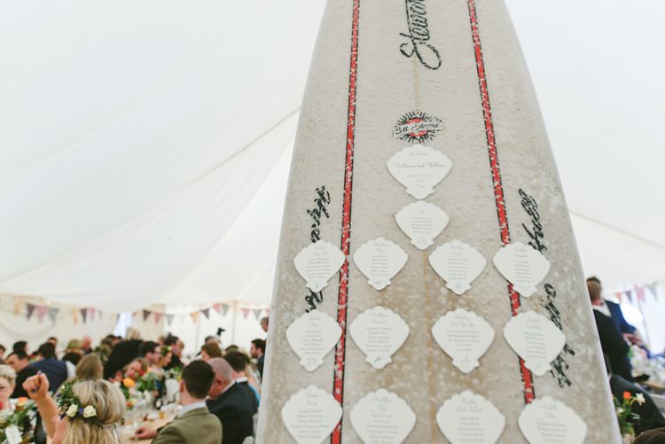 Surf Board Table Seating Plan Chart Indie Rustic Beach Marquee Wedding http://www.abiriley.co.uk/