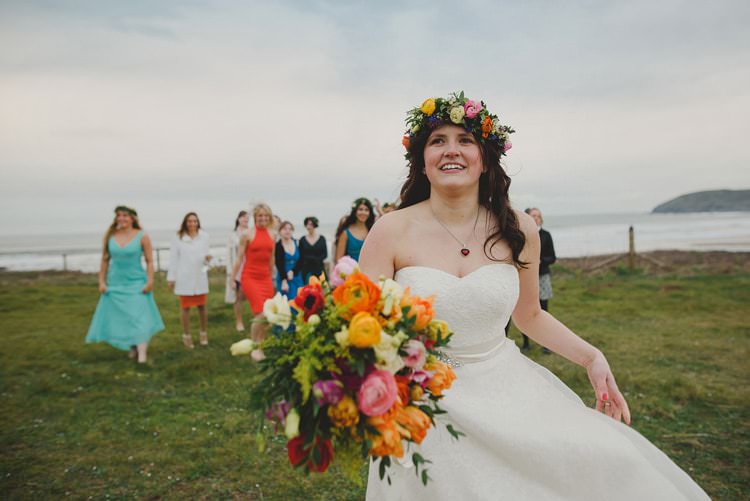 Flower Crown Bride Headdress Colourful Bouquet Spring Indie Rustic Beach Marquee Wedding http://www.abiriley.co.uk/