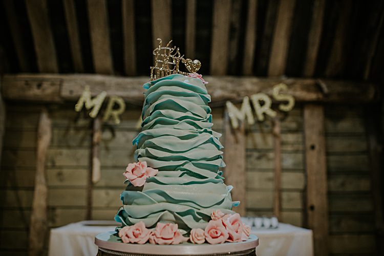Ruffle Cake Pretty Pale Blue Gold Fairy Lit Barn Wedding http://lolarosephotography.com/