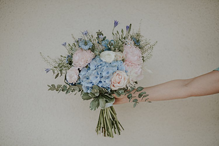 Bouquet Pastel Pink Peony Hydrangea Flowers Bride Bridal Rose Spring Pretty Pale Blue Gold Fairy Lit Barn Wedding http://lolarosephotography.com/